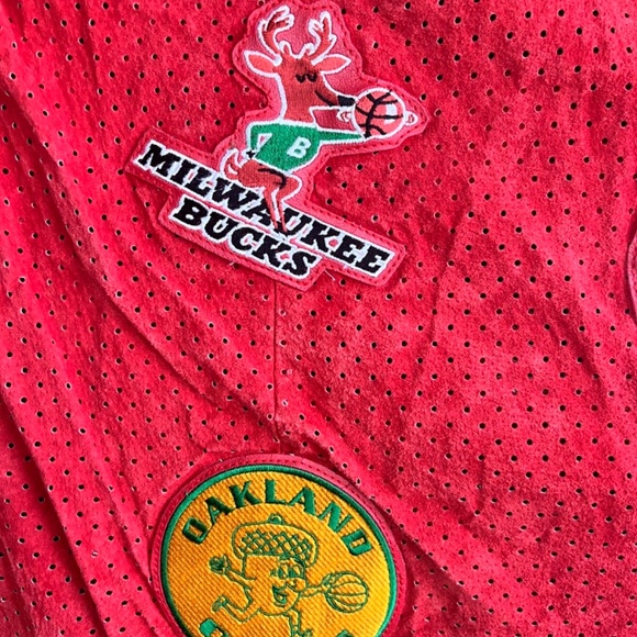 Vintage Jeff Hamilton NBA Patch Red Leather & Suede Sports Shirt XL - Picture 7 of 12